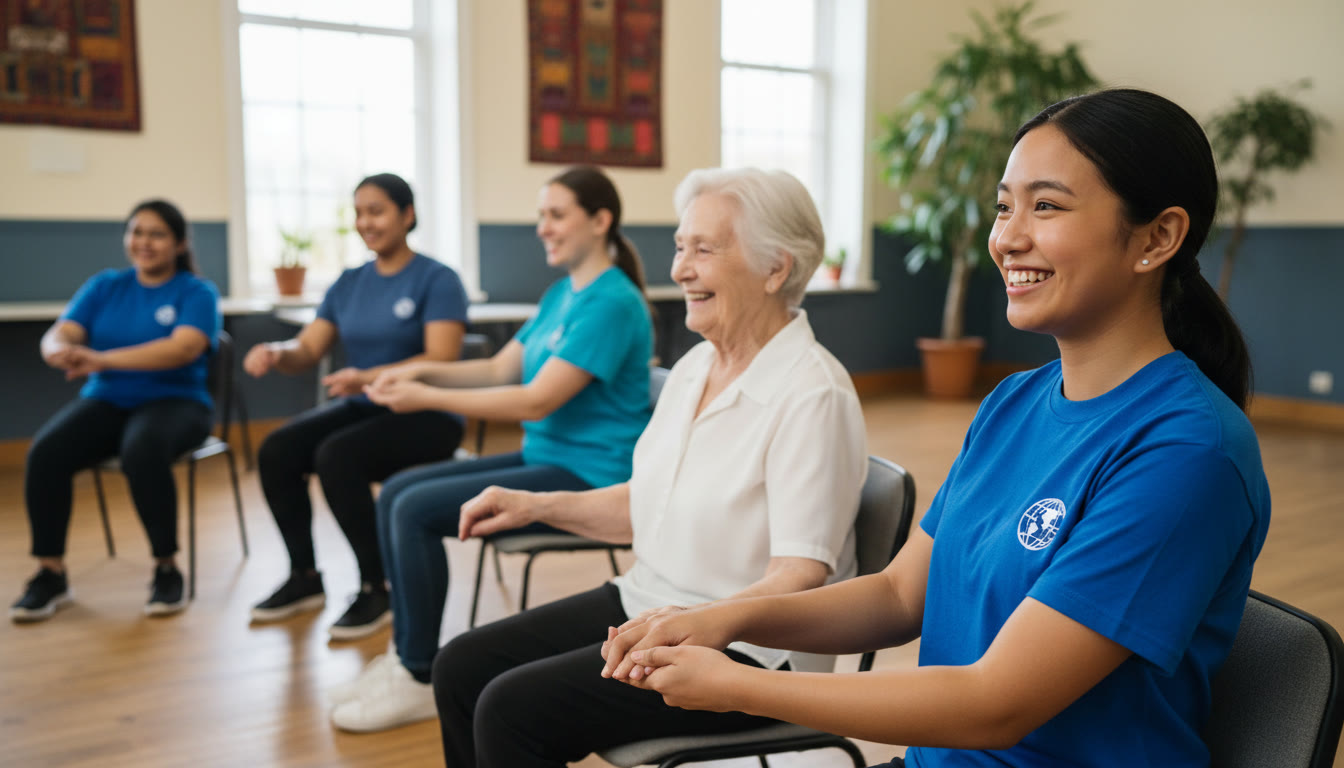 Photo Idea : Student and elderly participant smiling during a seated exercise session in a community hall