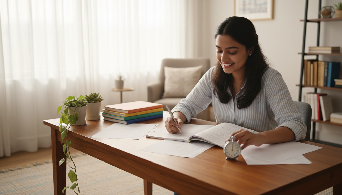 Photo Idea : Student at a study table doing a timed full-length mock with notes and a stopwatch