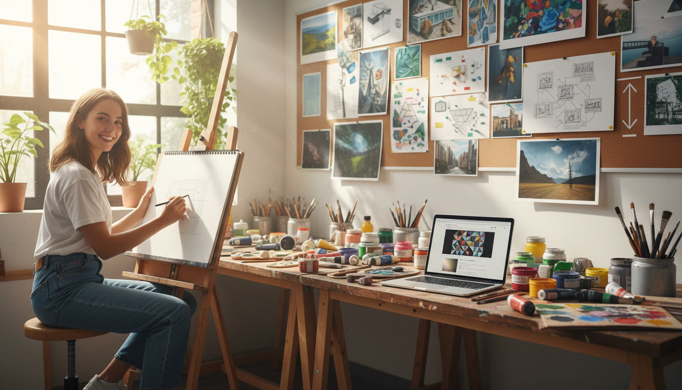 Photo Idea : A sunlit studio with a student sketching on a large pad, surrounded by paints, a laptop showing a design mockup, and pinned-up work on the walls.