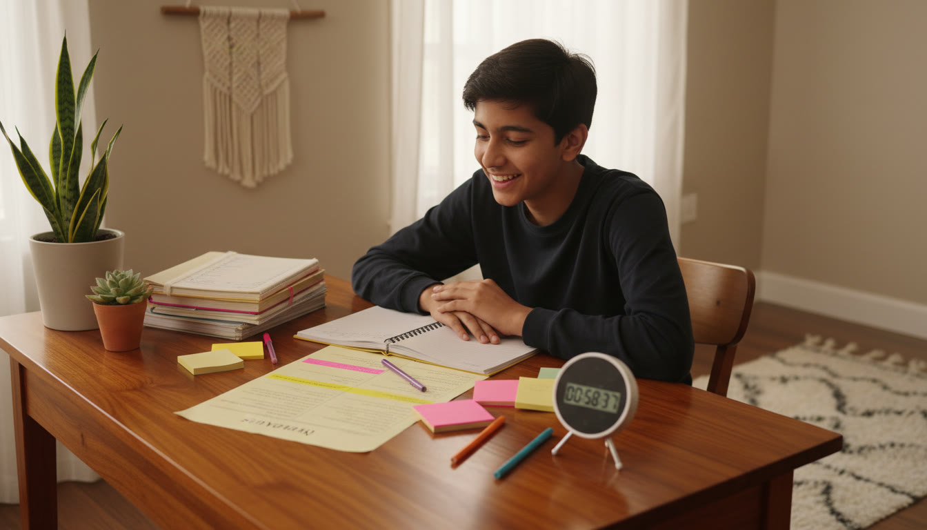 Photo Idea : Student at a desk with a timer, revision notes and a highlighted syllabus sheet