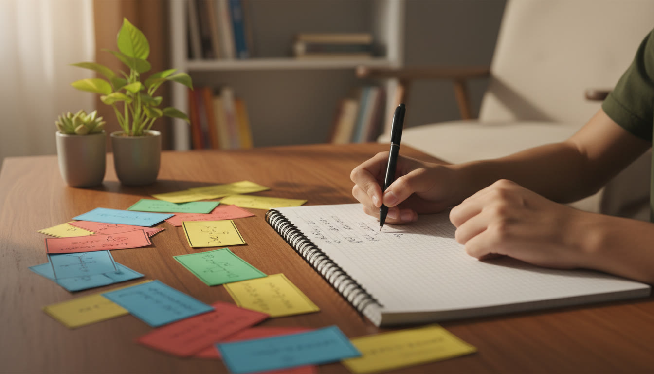 Photo Idea : Close-up of a student writing formula notes and color-coded flashcards spread on a desk