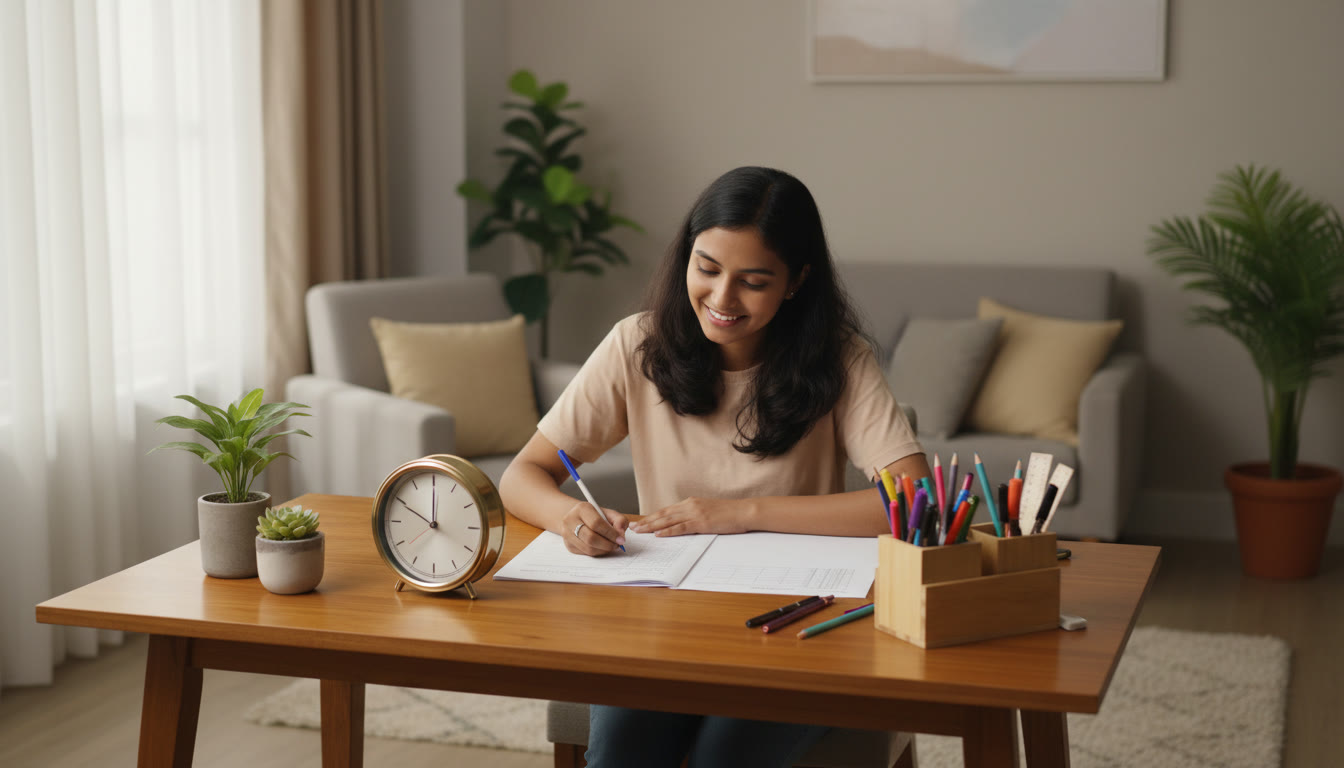 Photo Idea : Student taking a timed full-length mock test at a desk with a clock and organized stationery