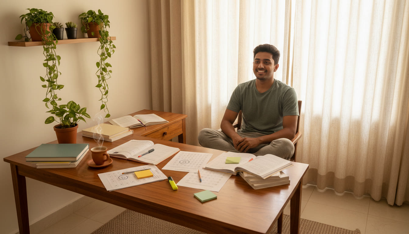 Photo Idea : Student at a desk, circled answer sheet and notes spread out, a cup of tea nearby