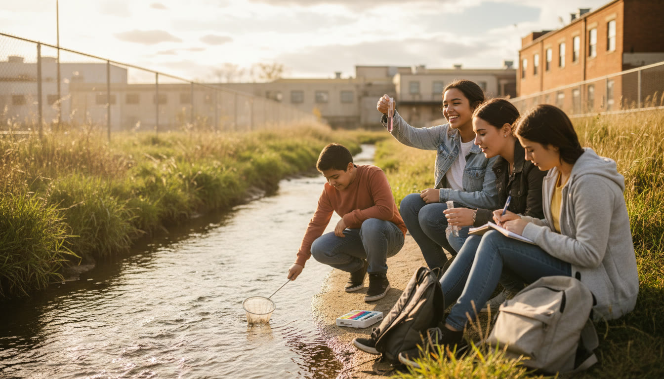 Photo Idea : students measuring water quality at a small urban stream with simple kits and notebooks