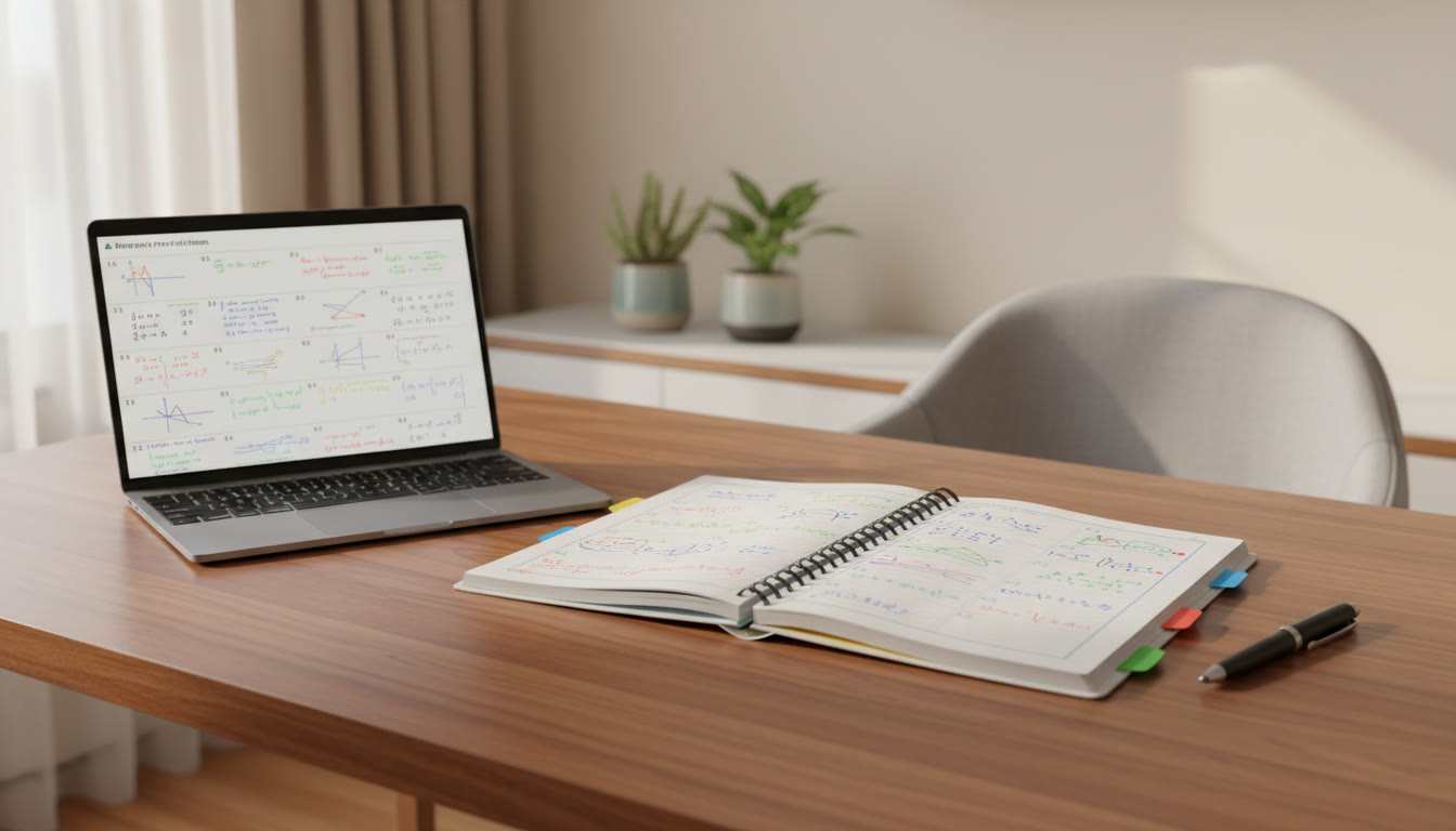 Photo Idea : A tidy open notebook with color-coded chapter tabs, a laptop showing practice questions, and a pen beside it