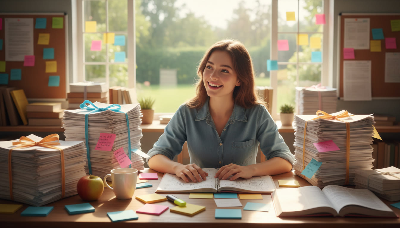 Photo Idea : A student at a desk surrounded by neatly stacked past papers and colourful sticky notes