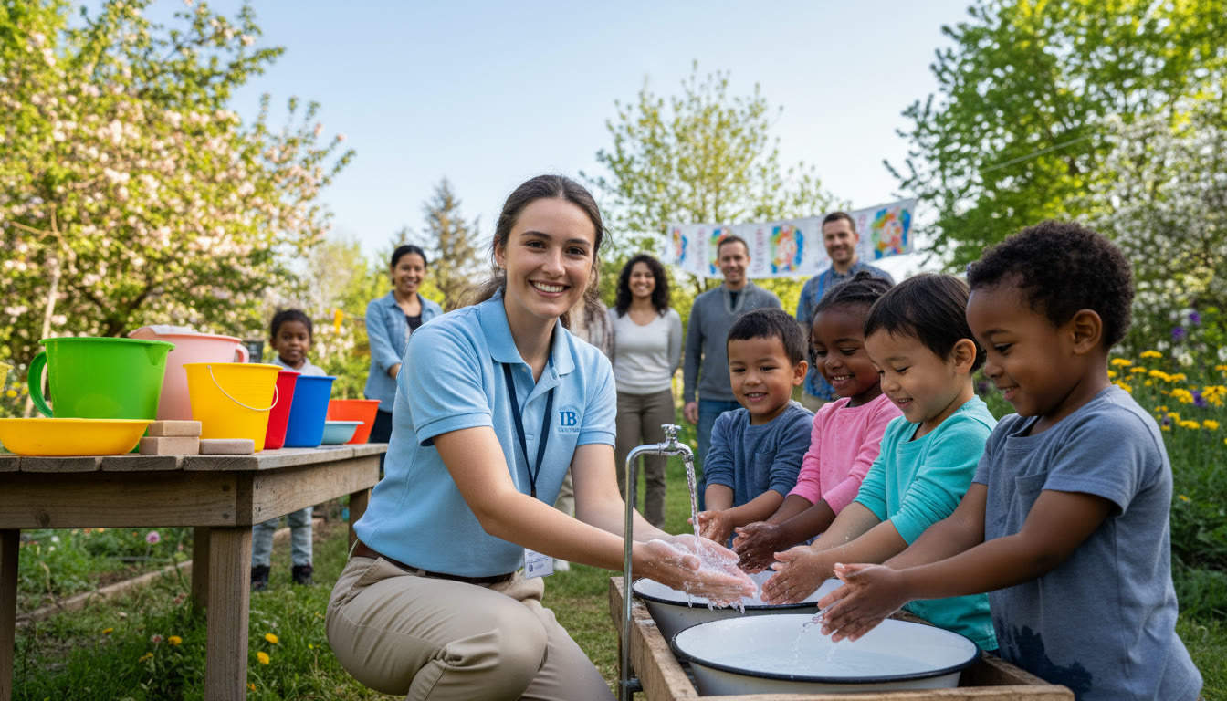 Photo Idea : Student leading a small community health workshop outdoors, smiling while demonstrating handwashing techniques to children