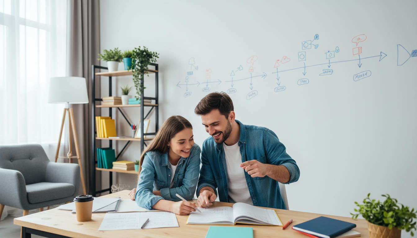 Photo Idea : A student and a tutor leaning over a notebook, pointing at a timeline on a whiteboard