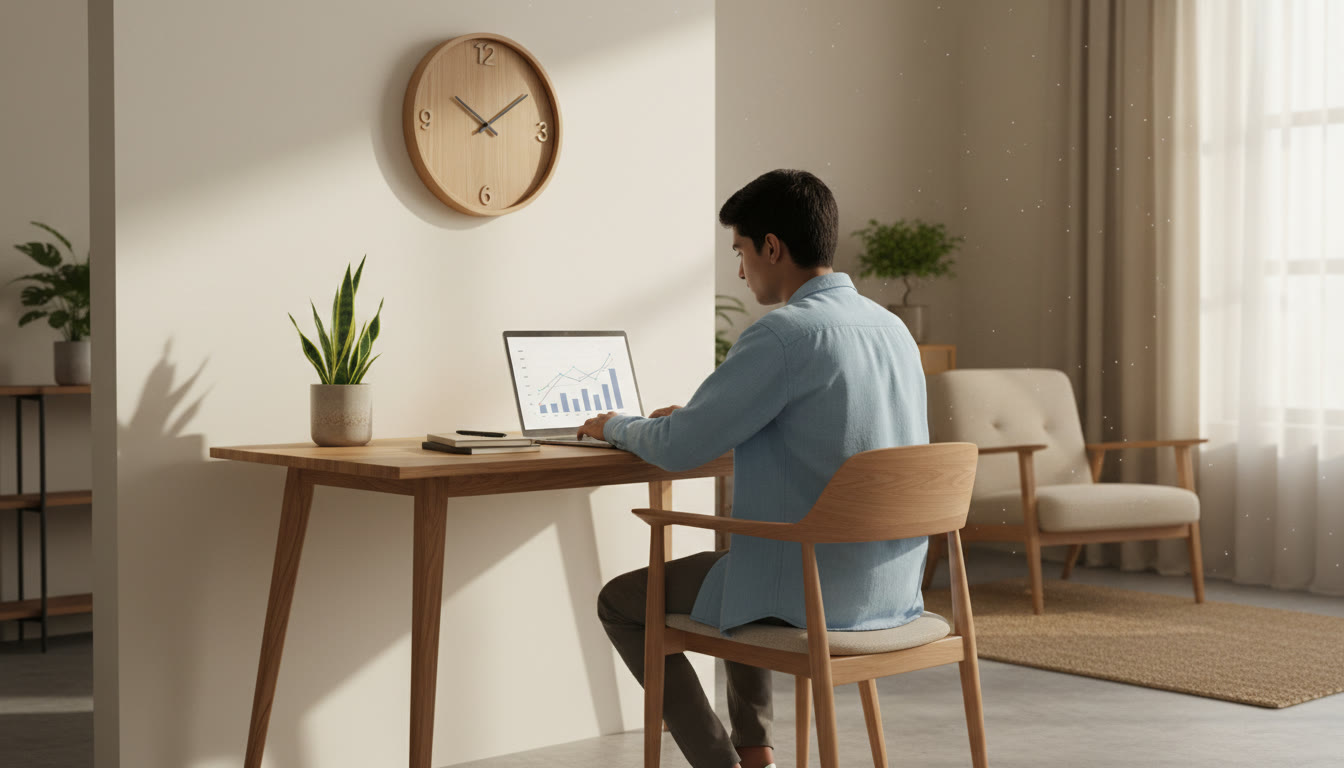 Photo Idea : a focused student taking a timed mock on a laptop with a wall clock visible