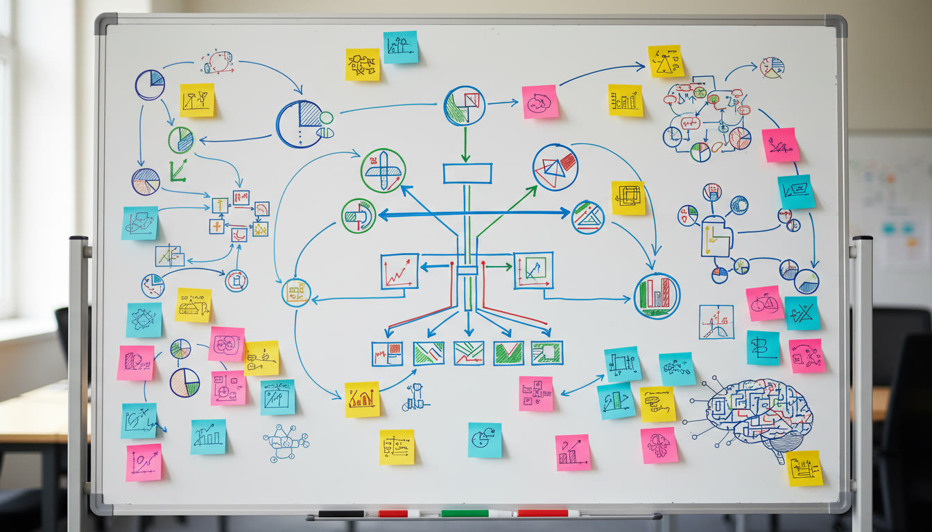 Photo Idea : Close-up of a whiteboard covered with algorithm sketches, flowcharts, and sticky notes