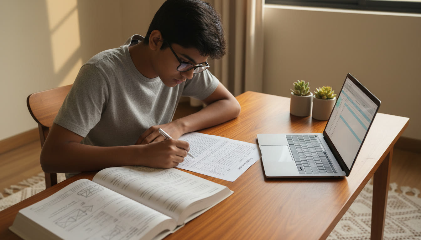 Photo Idea : Student at a desk, looking at a mock-score printout with a focused expression, textbook open and laptop beside them