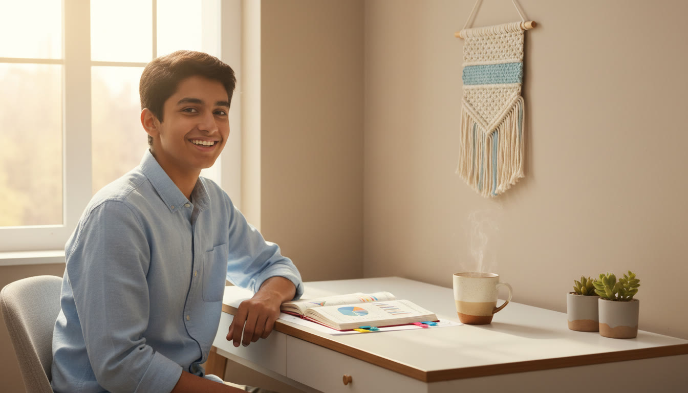 Photo Idea : A focused student at a tidy study desk with a planner, a mock test paper, and a cup of tea