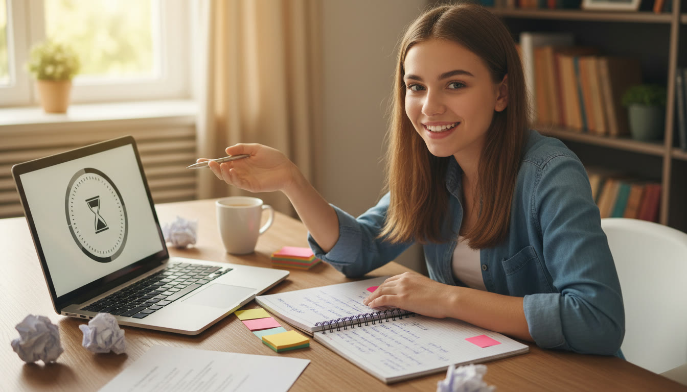 Photo Idea : Close-up of a student practicing interview answers with notes on a table and a laptop showing a timer