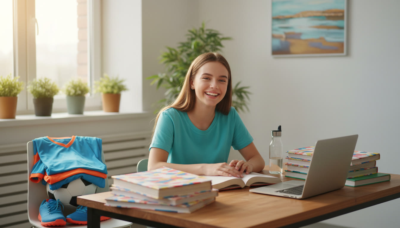 Photo Idea : Student at a desk with textbooks, laptop, and a sports kit nearby