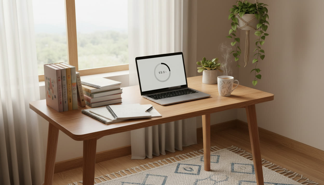 Photo Idea : A tidy study desk with ISC textbooks, neatly arranged notes, a laptop showing a mock test timer, and a cup of tea