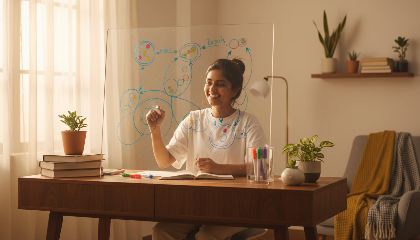 Photo Idea : A student writing on a transparent board diagramming a biological process with colorful markers