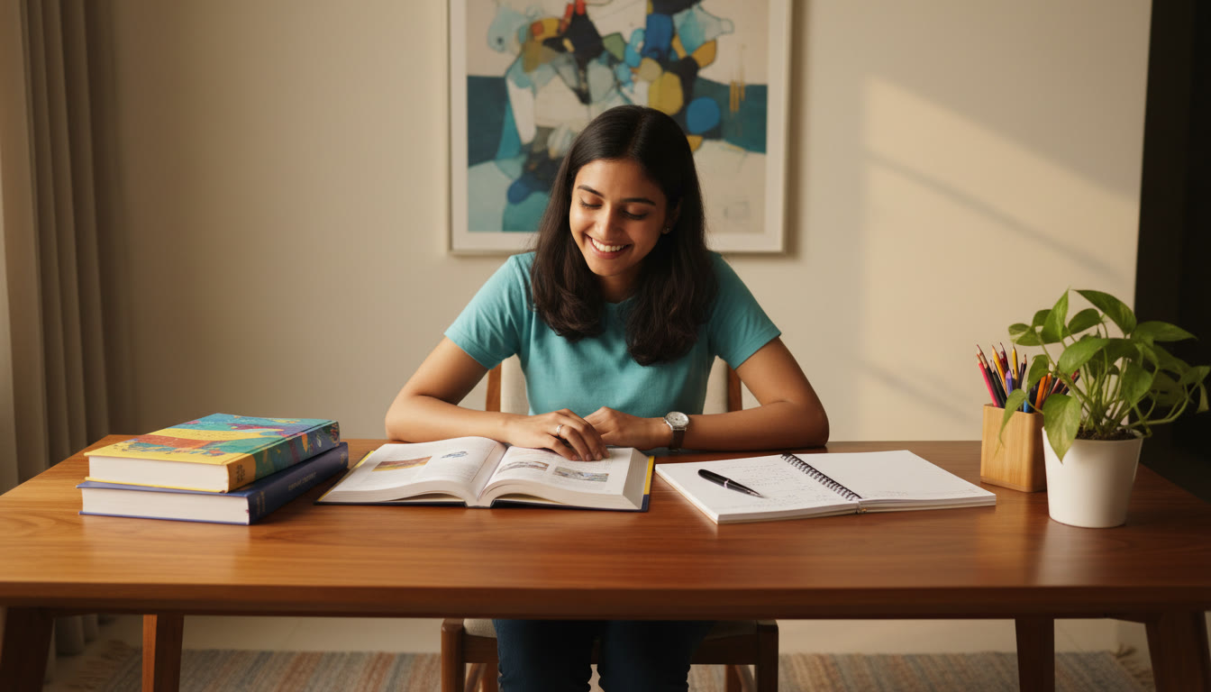 Photo Idea : Student at a desk with ISC textbooks, notebook, and a wristwatch showing time