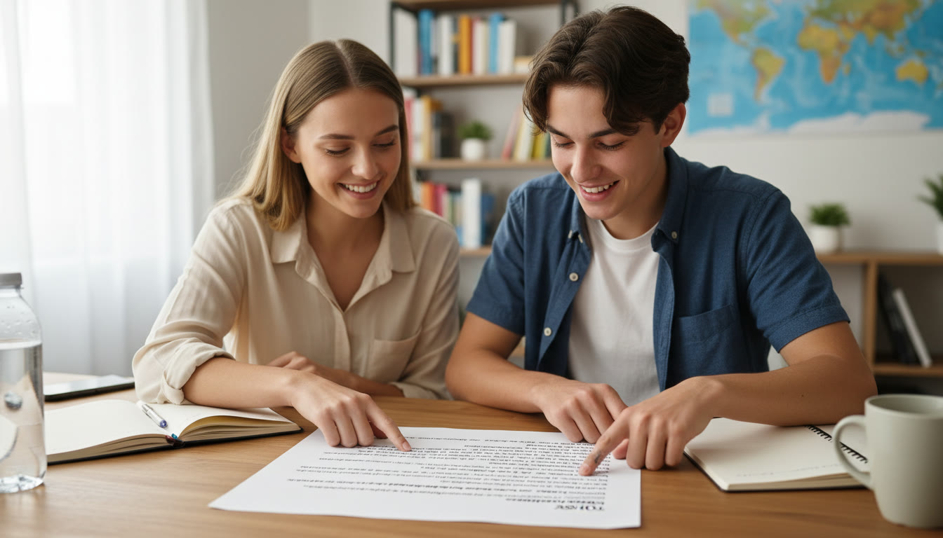 Photo Idea : A tutor and student reviewing a printed TOK essay, pointing at the conclusion paragraph