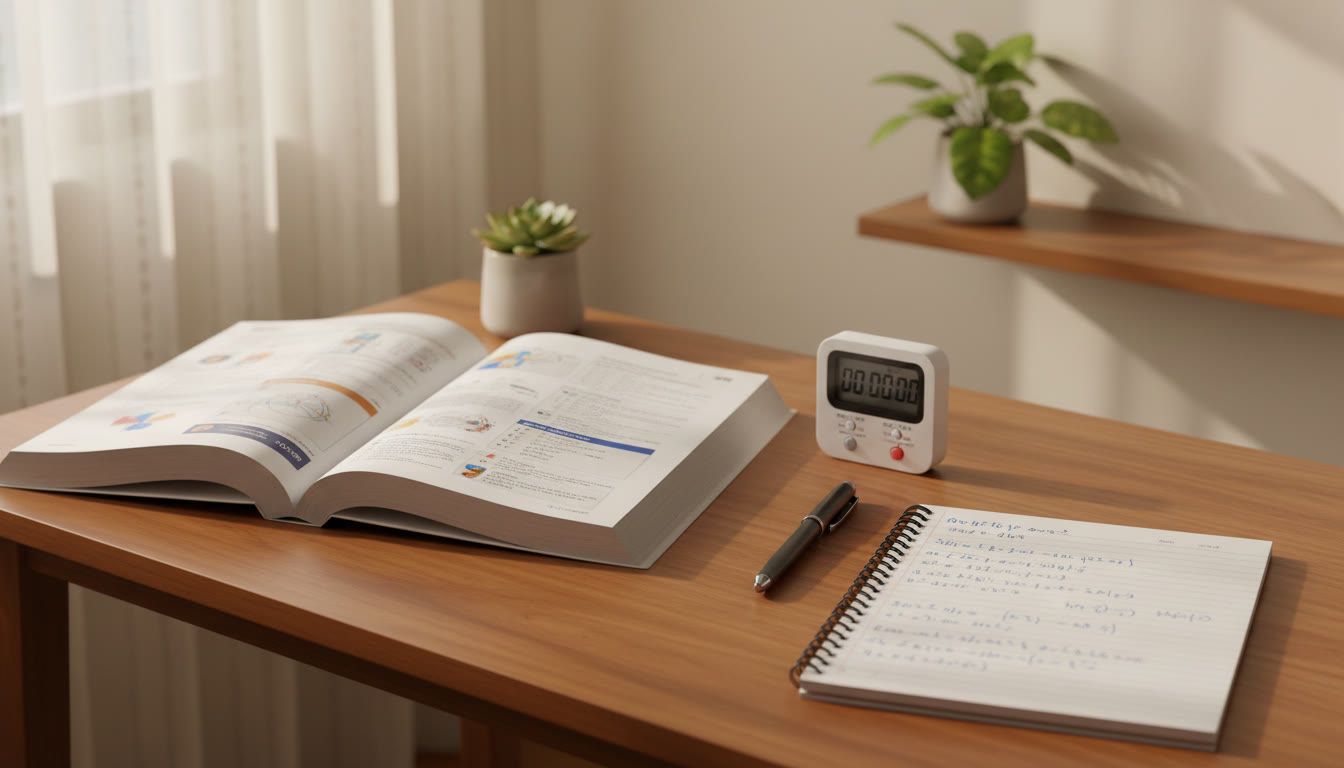Photo Idea : A tidy student desk with an open ISC textbook, neat hand-written notes, a timer, and a pen ready for practice