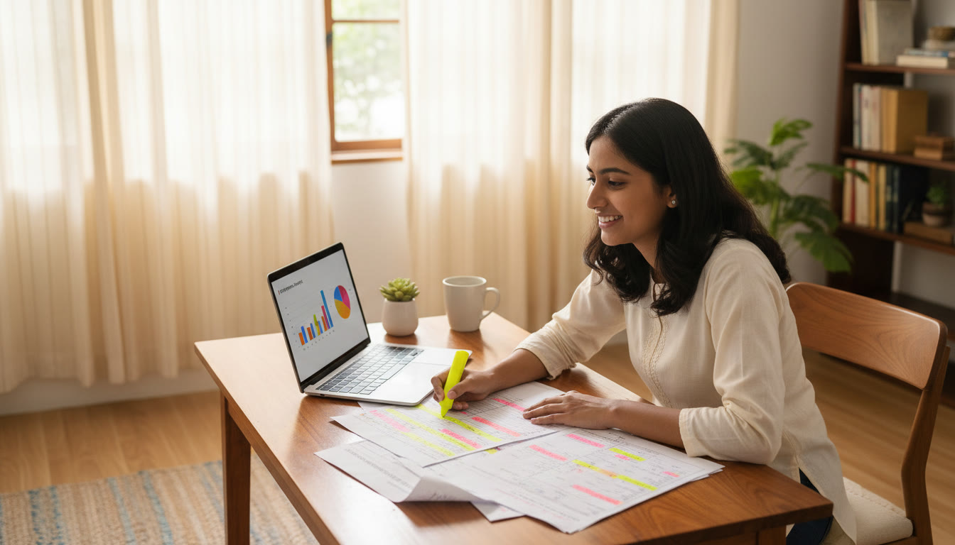 Photo Idea : A student analyzing a mock test paper with highlighted mistakes and a laptop displaying performance analytics