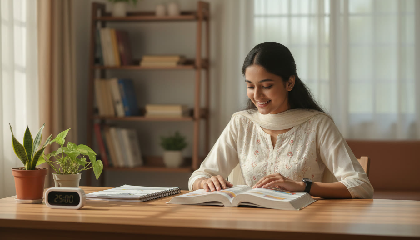 Photo Idea : Student at a tidy desk with an open textbook, notebook, and a timer