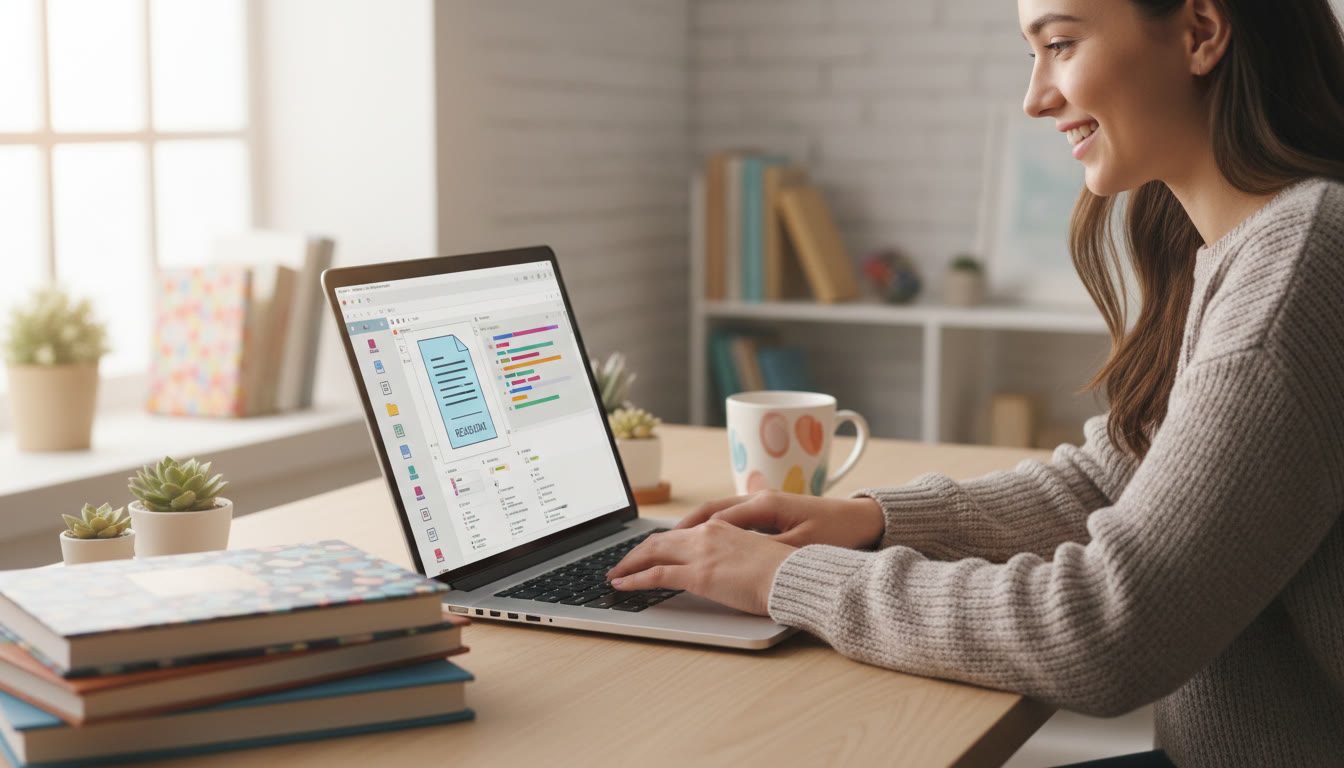 Photo Idea : A neatly organized laptop screen showing a project folder structure and a student creating a README document