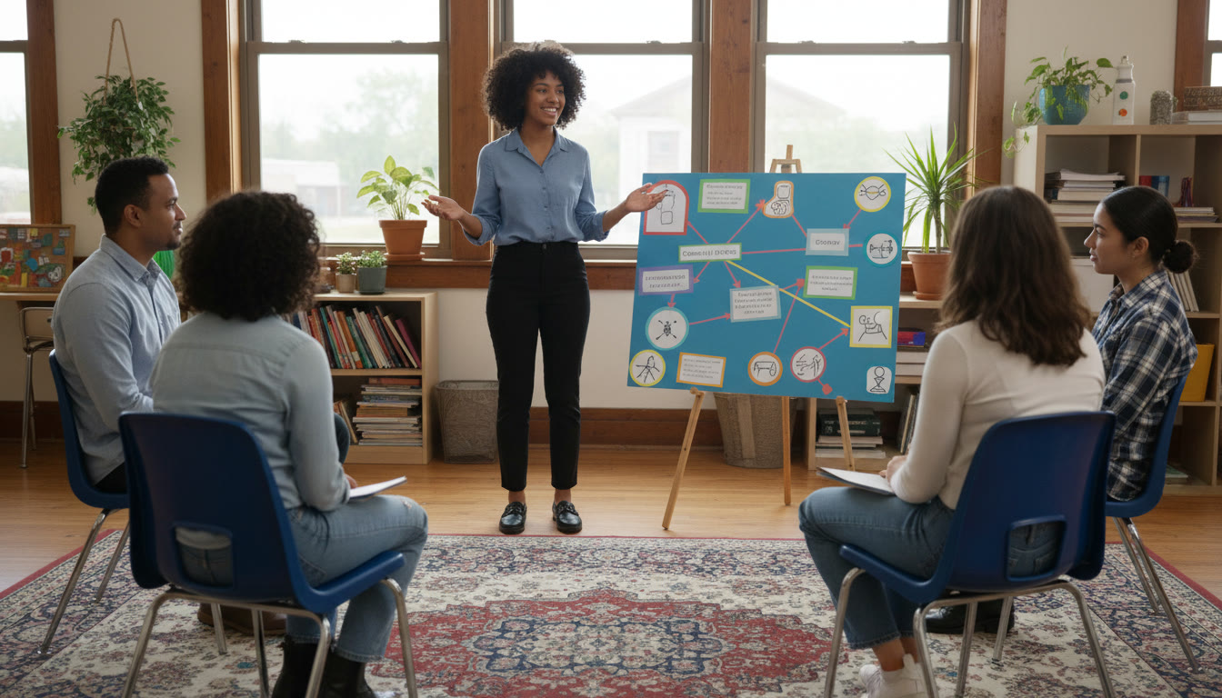 Photo Idea : Student presenting a CAS project poster to a small audience