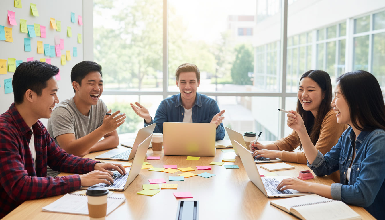 Photo Idea : A diverse group of IB students brainstorming with sticky notes and laptops around a table
