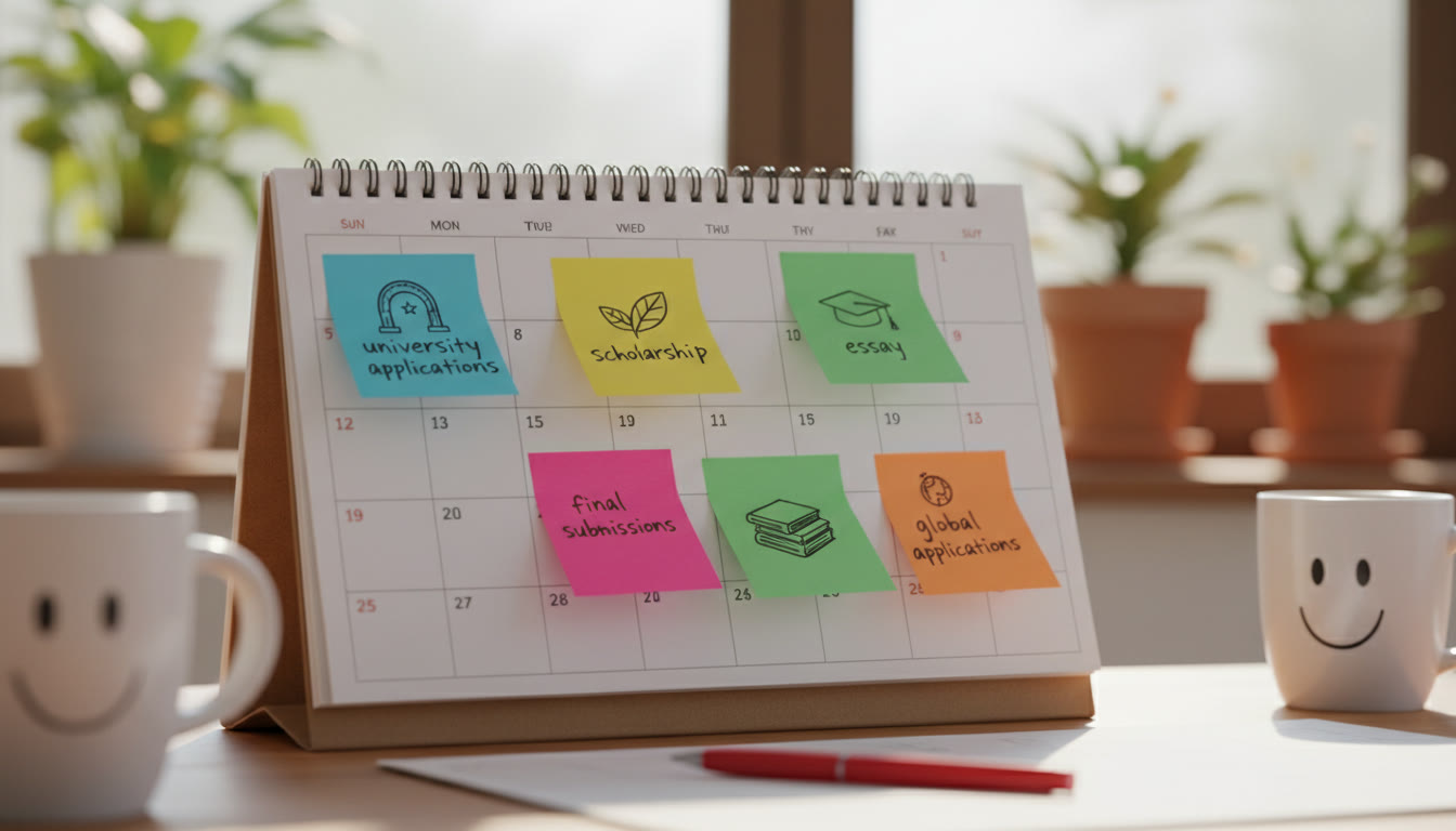 Photo Idea : Close-up of a calendar page with colorful sticky notes marking application deadlines