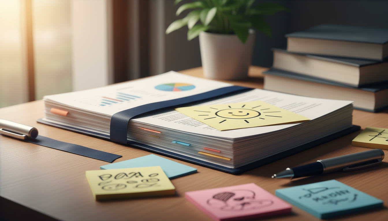 Photo Idea : Close-up of a neatly organized recommendation packet on a desk with sticky notes and a handwritten thank-you note
