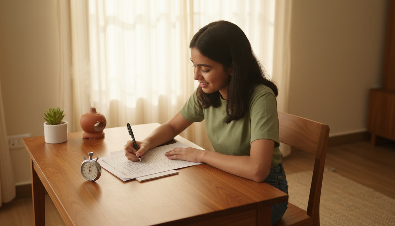 Photo Idea : A student taking a timed mock test with a stopwatch, OMR sheet and focused expression