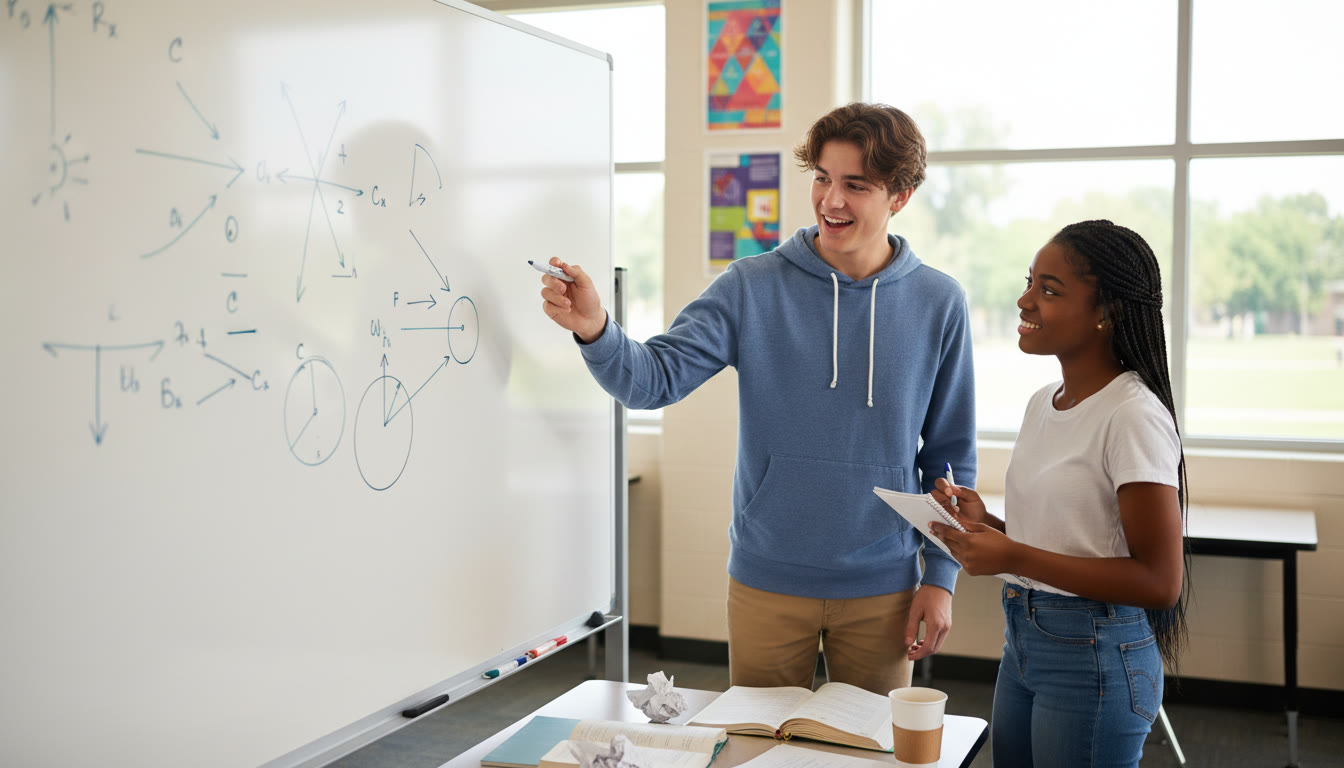 Photo Idea : Two students at a whiteboard diagramming a physics problem while one explains to the other