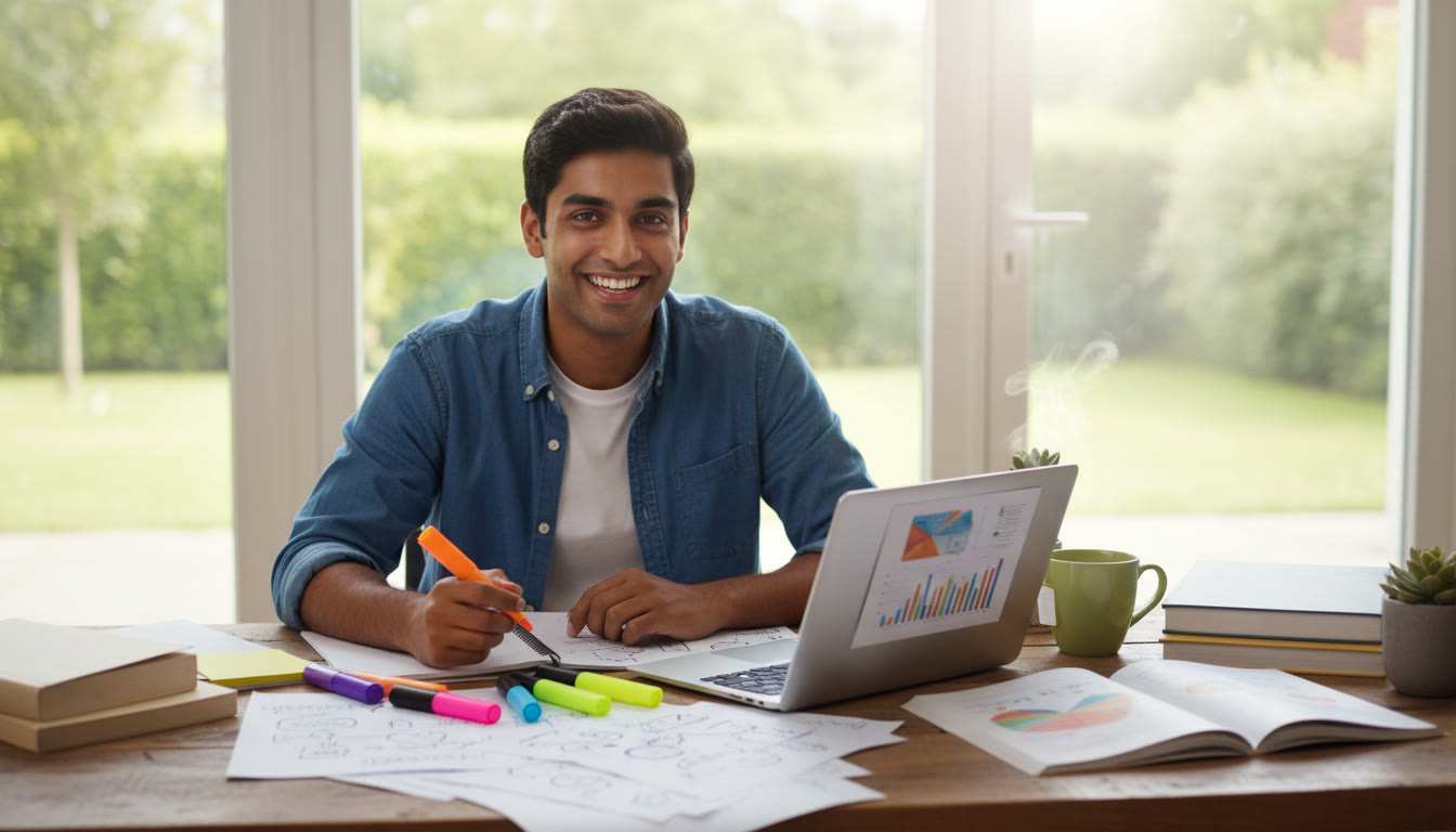 Photo Idea : Student at a desk surrounded by case study notes, a laptop and colorful highlighters
