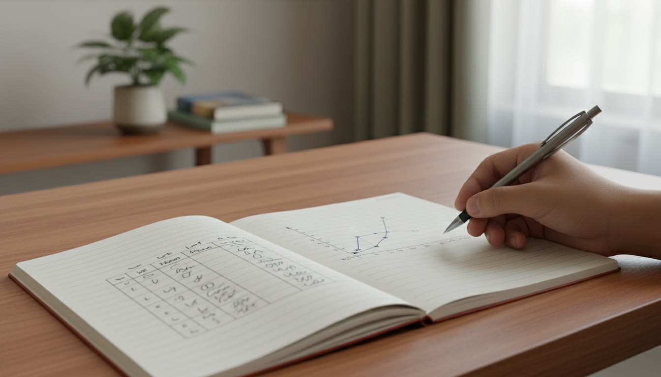 Photo Idea : close-up of a student’s notebook with a hand-drawn experiment table and plotted graph