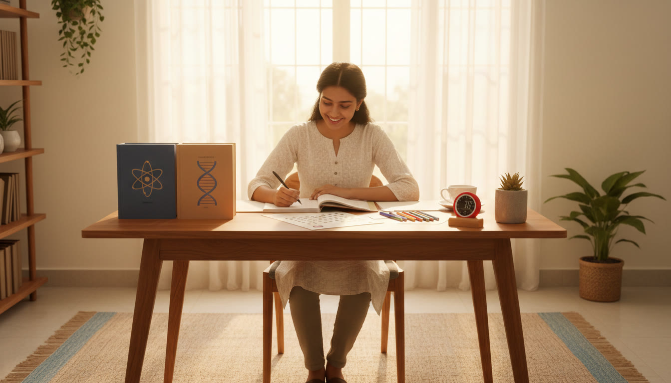 Photo Idea : A focused student at a tidy desk with Physics, Chemistry and Biology books, a timer, and an OMR-style answer sheet nearby