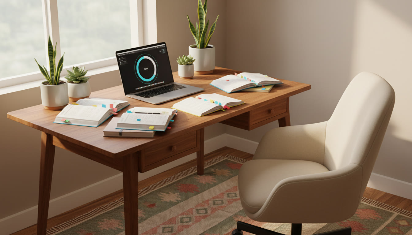 Photo Idea : Student’s desk with open notebooks, colored tabs, and a laptop showing a mock test timer