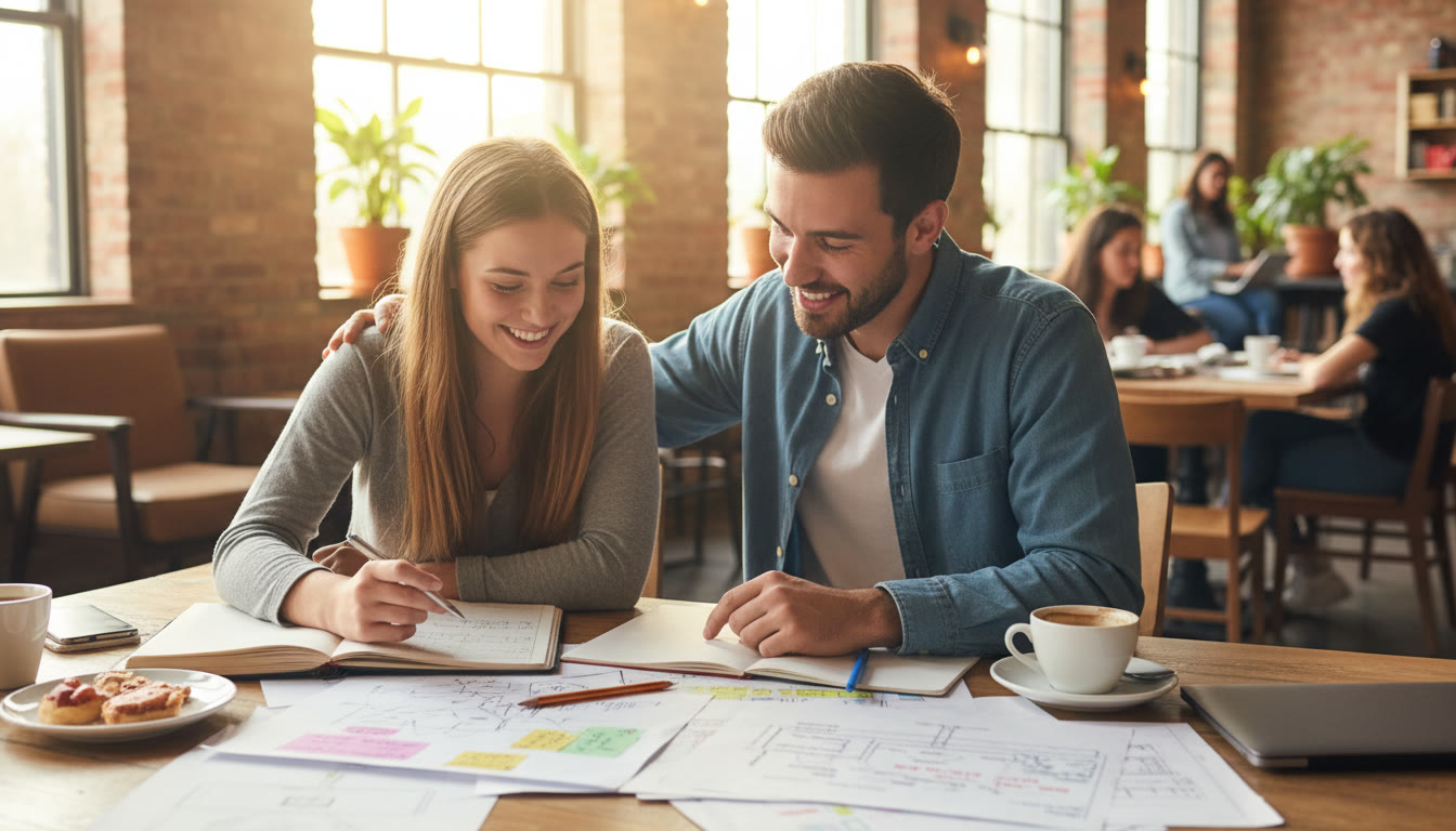 Photo Idea : Student and mentor discussing project notes at a campus café, warm natural light