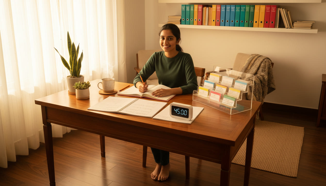 Photo Idea : A focused student at a tidy desk with color-coded notes and a timer on the table
