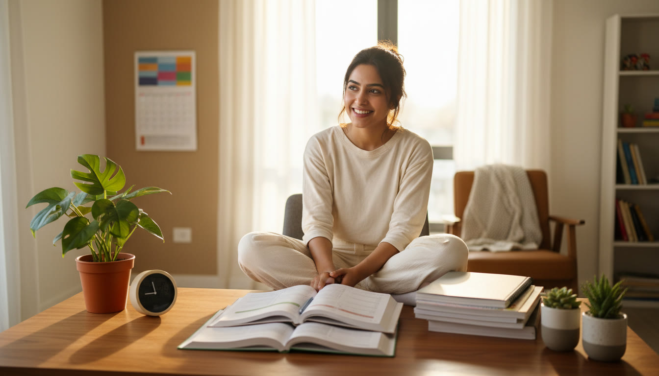 Photo Idea : Student at a tidy desk with open NEET notes, a timer, and a monthly calendar