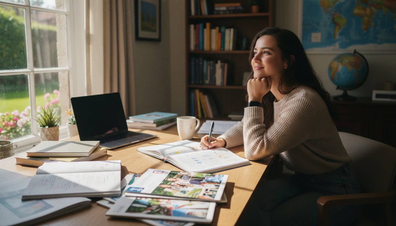 Photo Idea : Thoughtful IB student at a desk surrounded by notebooks and university brochures
