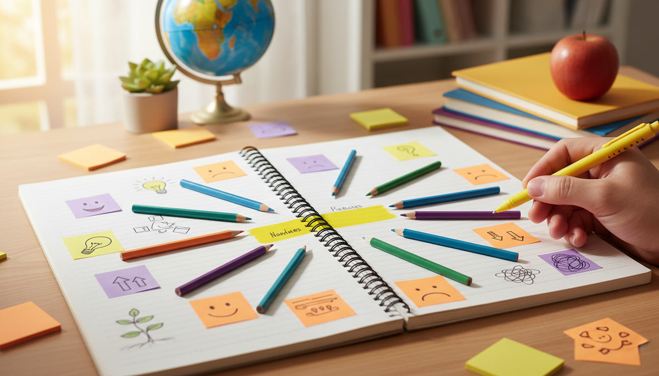 Photo Idea : Open notebook with a highlighted research question and sticky notes showing pros and cons