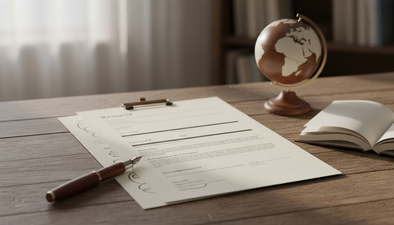 Photo Idea : Close-up of a neat one-page student resume and recommendation packet on a wooden desk