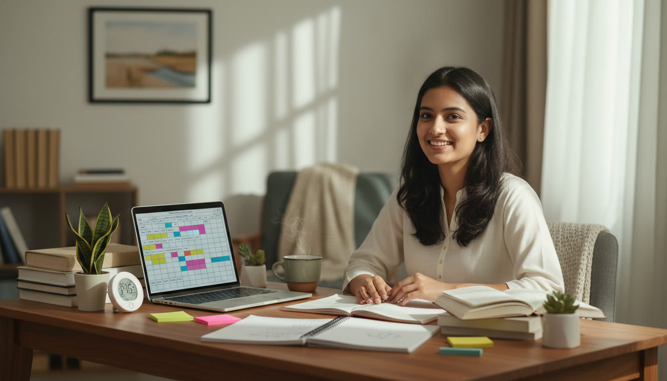 Photo Idea : A student at a tidy desk with textbooks, notes, a timer and a laptop displaying a study plan