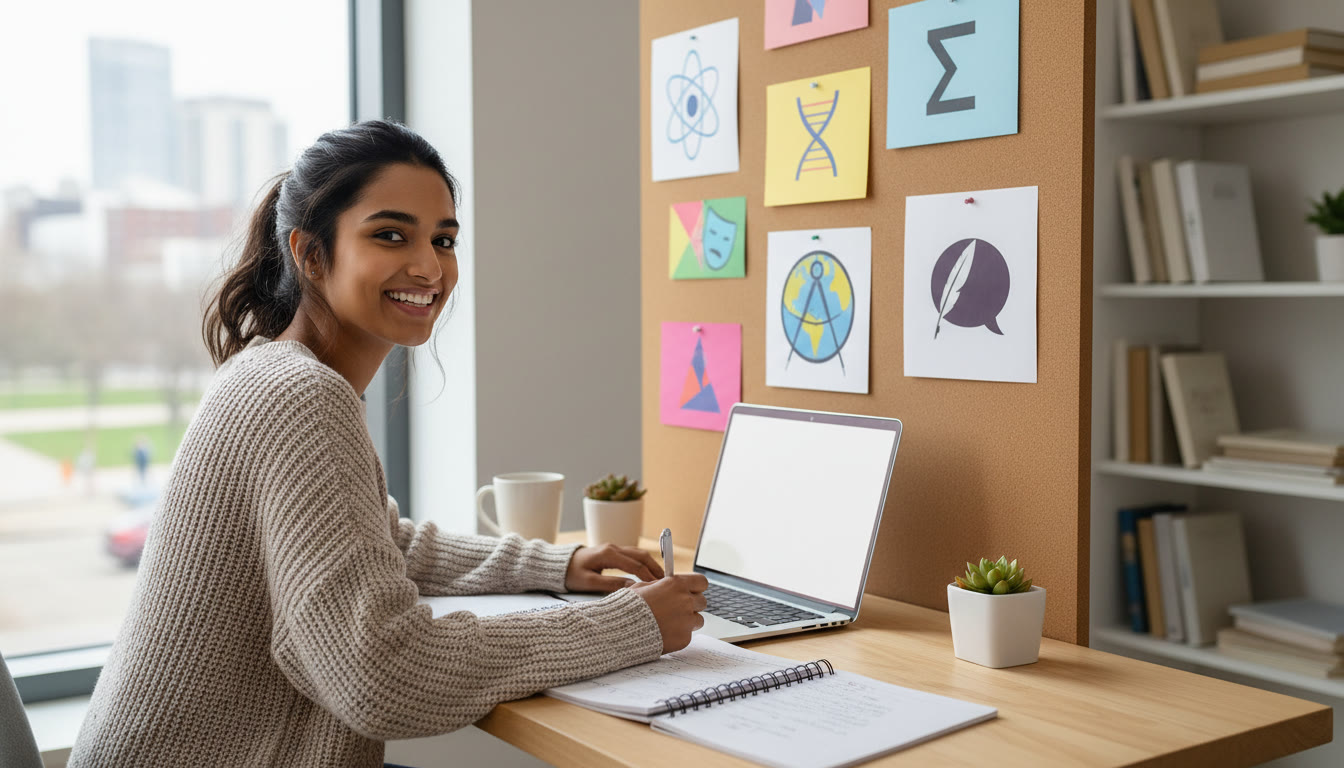Photo Idea : Student at a tidy desk with laptop, notebook, and IB subject symbols pinned on a wall