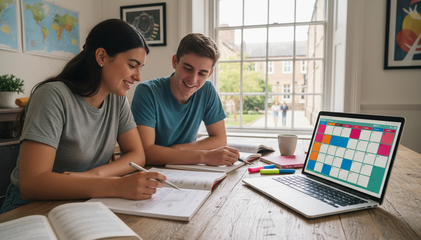 Photo Idea : A tutor and student reviewing notes together, with a laptop showing a study plan