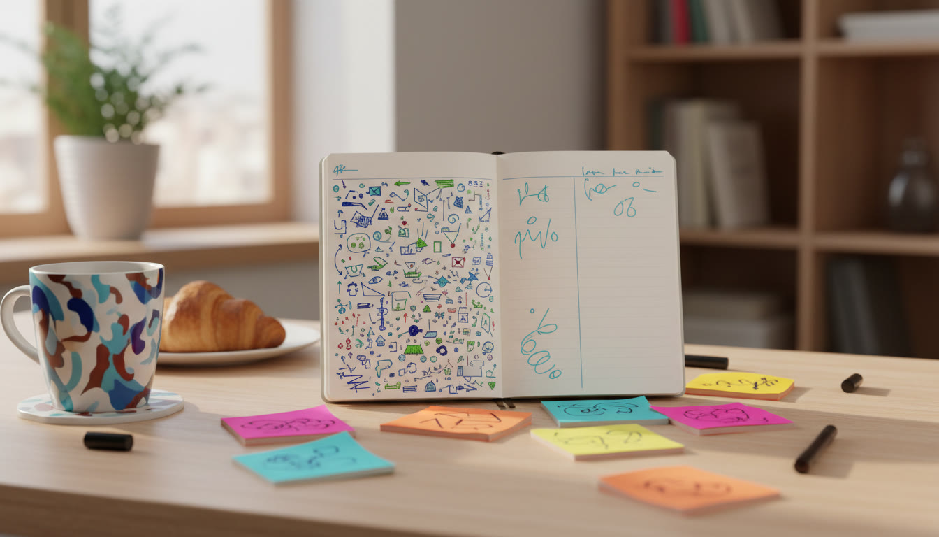 Photo Idea : Close-up of student notes with two columns titled "HL plan" and "SL plan", colorful sticky notes and a coffee mug nearby