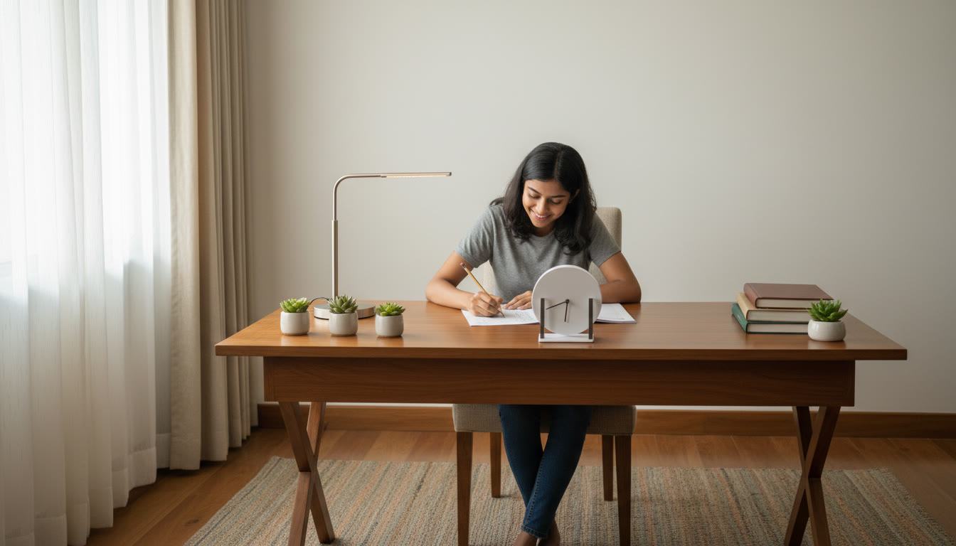 Photo Idea : Student completing an answer sheet under timed mock exam conditions in a quiet room