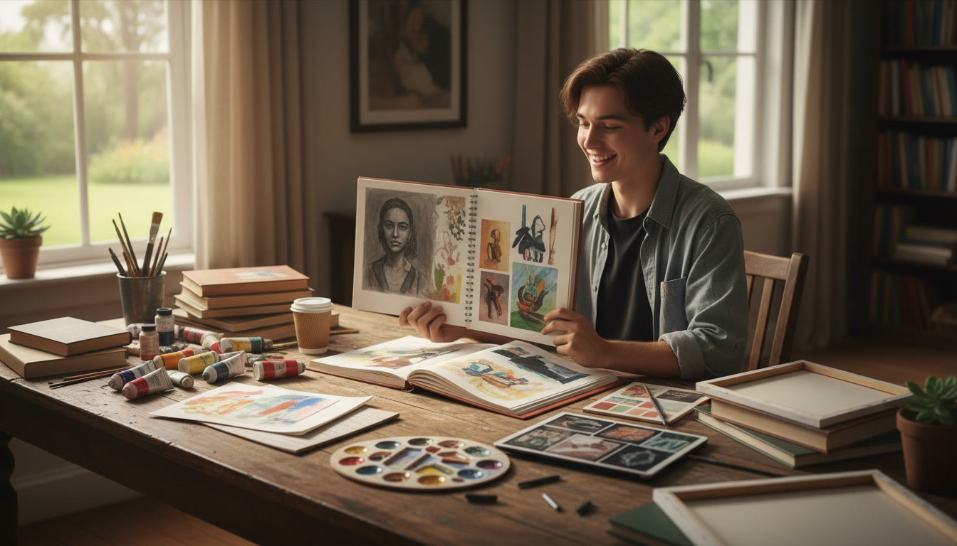 Photo Idea : A student preparing a visual arts portfolio at a wooden desk with natural light