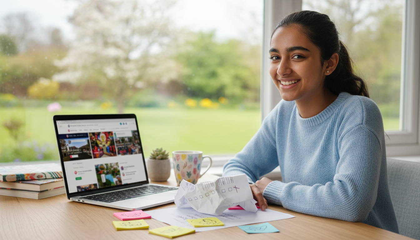 Photo Idea : A student at a desk with a printed application checklist, sticky notes, and a laptop showing university pages