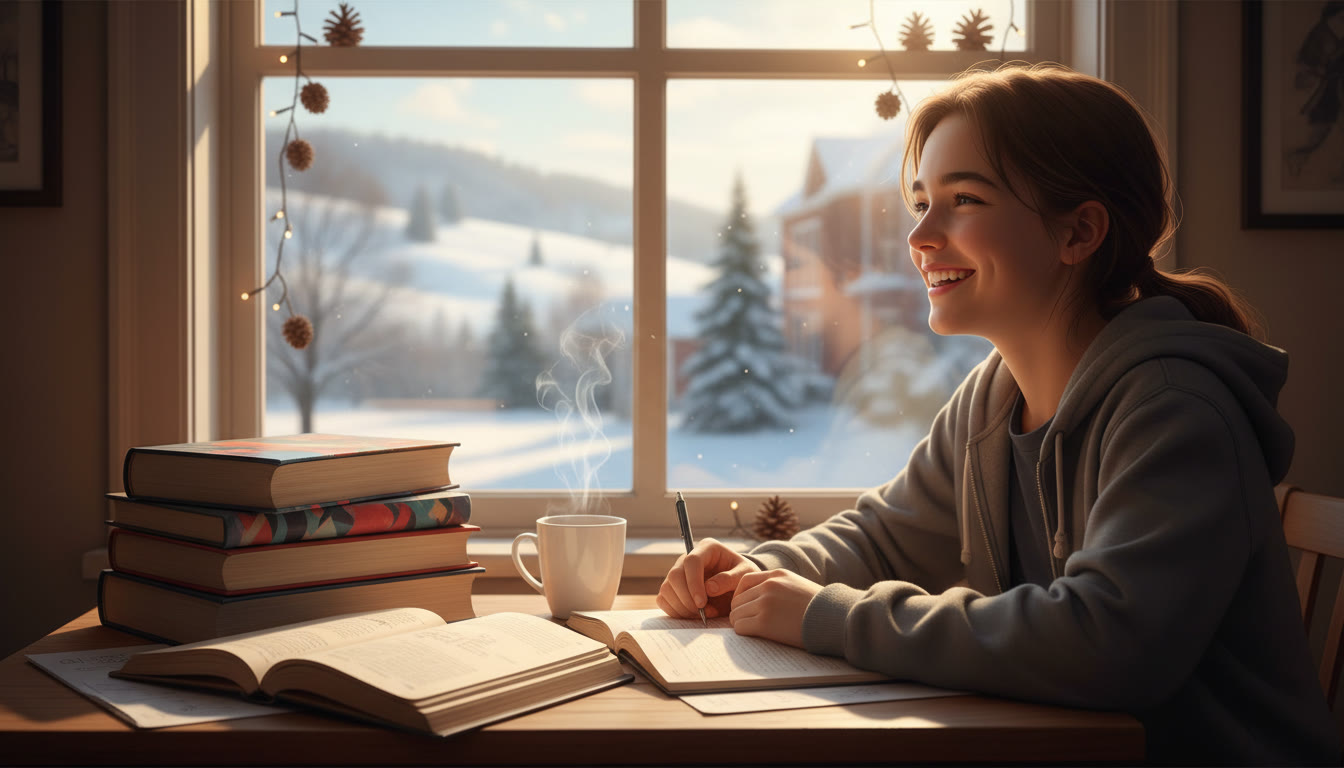 Photo Idea : Student at a window desk with textbooks and a steaming mug, soft winter light